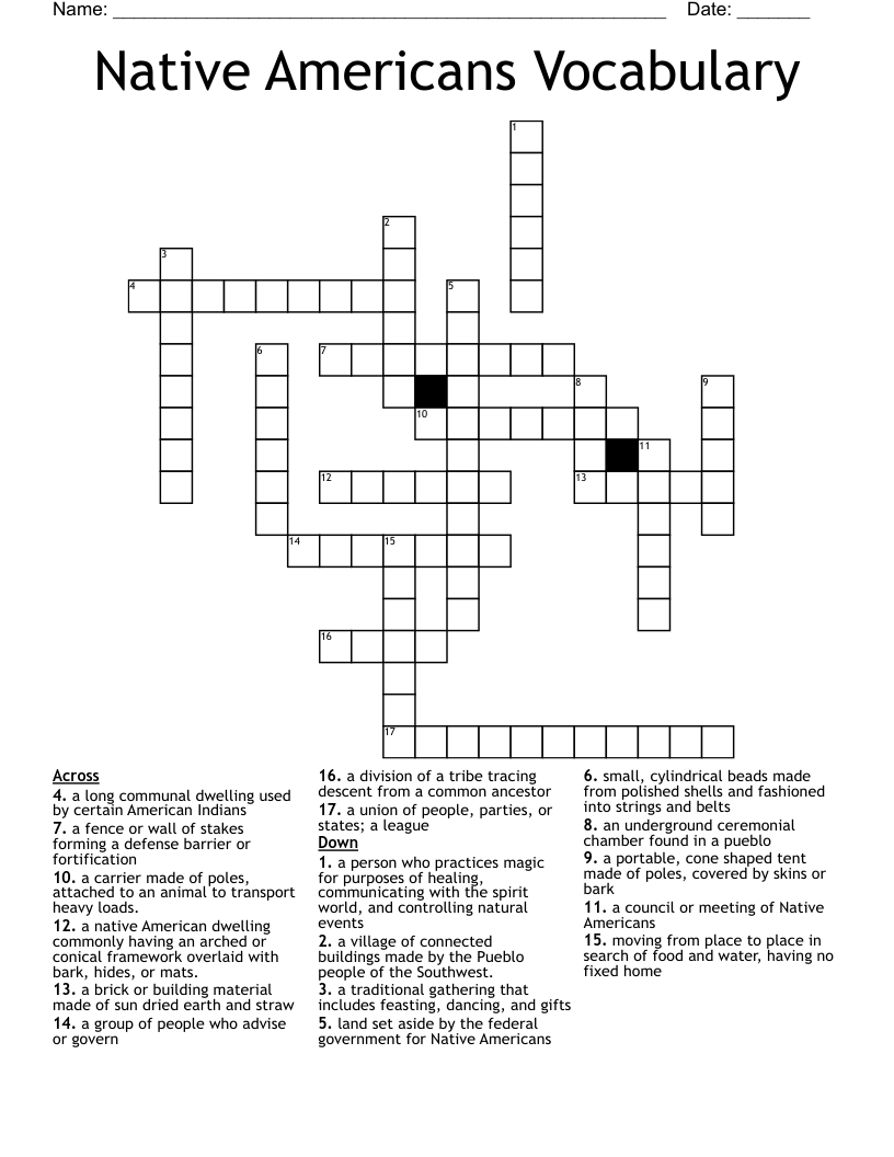 Native Americans Vocabulary Crossword WordMint