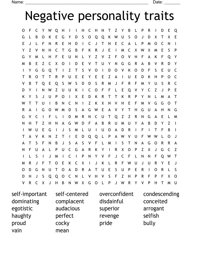 Negative Personality Traits Word Search WordMint
