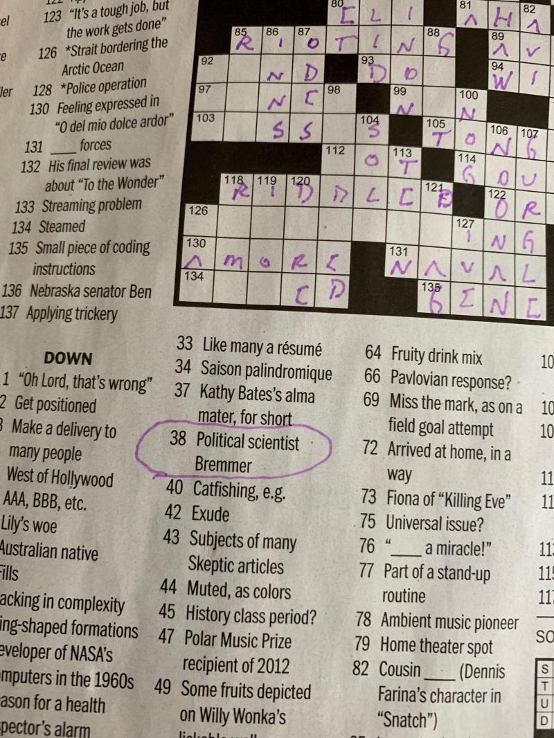 Nice To Be A Clue In Washington Post Sunday Crossword Helps To Have A First Name That s Abundantly Clue able Ian Bremmer 104 Comments