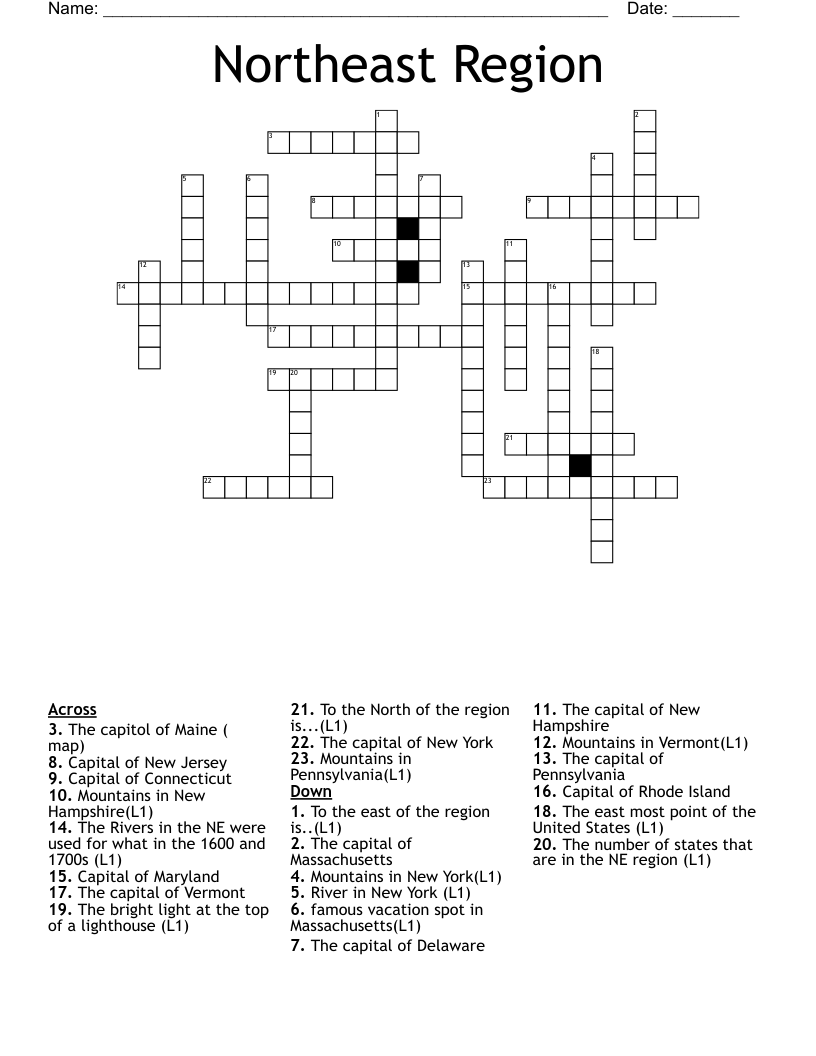 Northeast Region Crossword WordMint Northeast Region Crossword WordMint