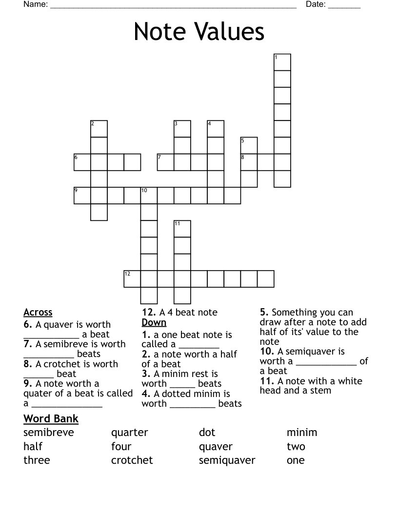 Note Values Crossword WordMint