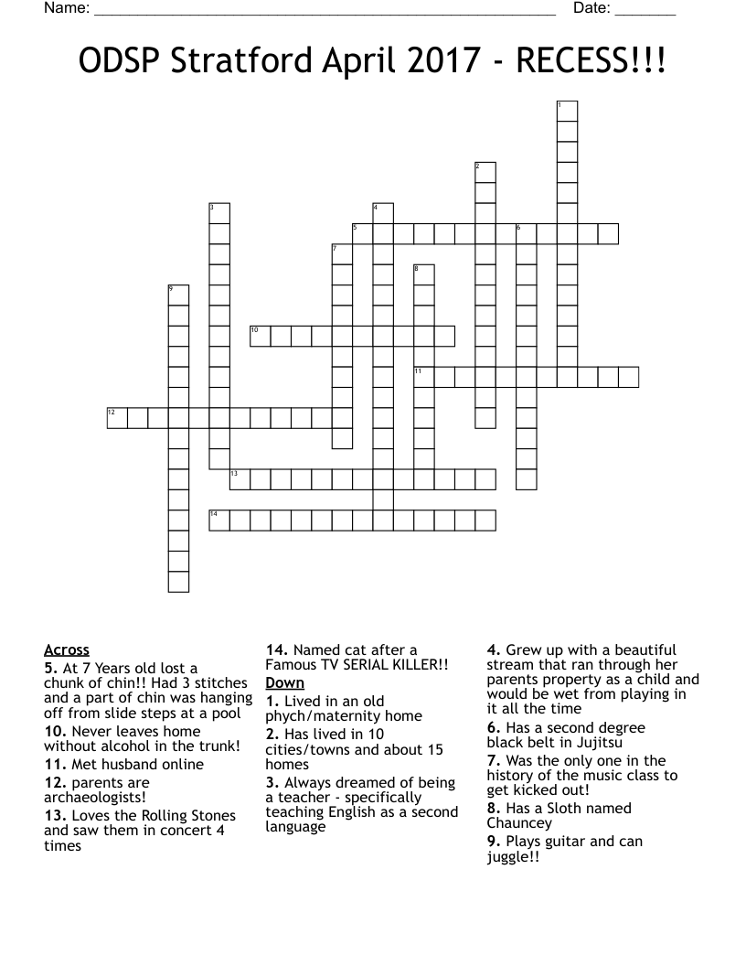 ODSP Stratford April 2017 RECESS Crossword WordMint