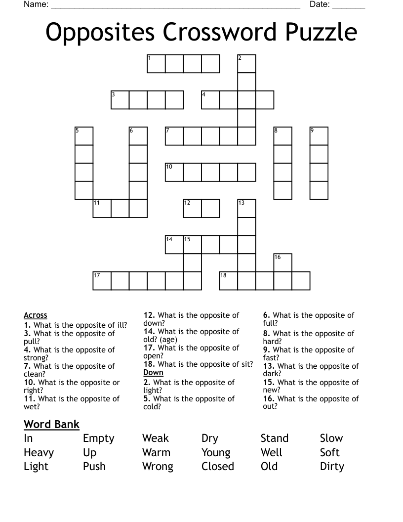 Opposites Crossword Puzzle WordMint