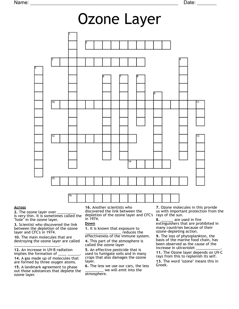 Ozone Layer Crossword WordMint