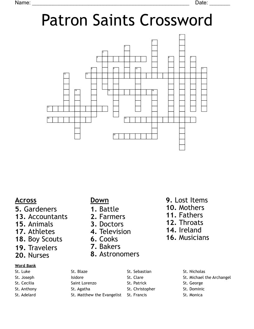 Patron Saints Crossword WordMint Patron Saints Crossword WordMint