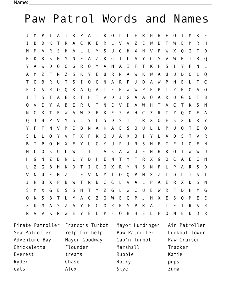 Paw Patrol Words And Names Word Search WordMint