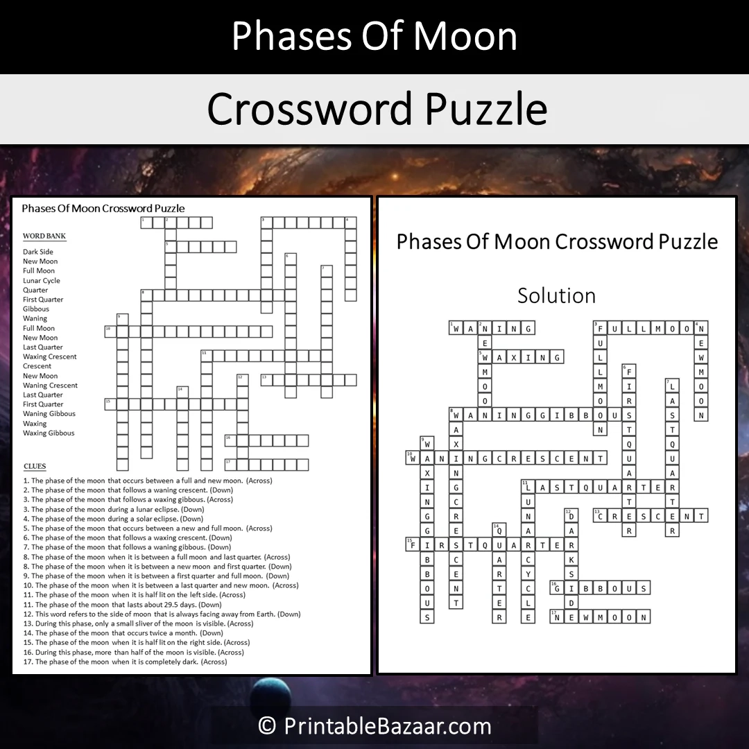 Phases Of Moon Crossword Puzzle Worksheet Activity Printable PDF PrintableBazaar