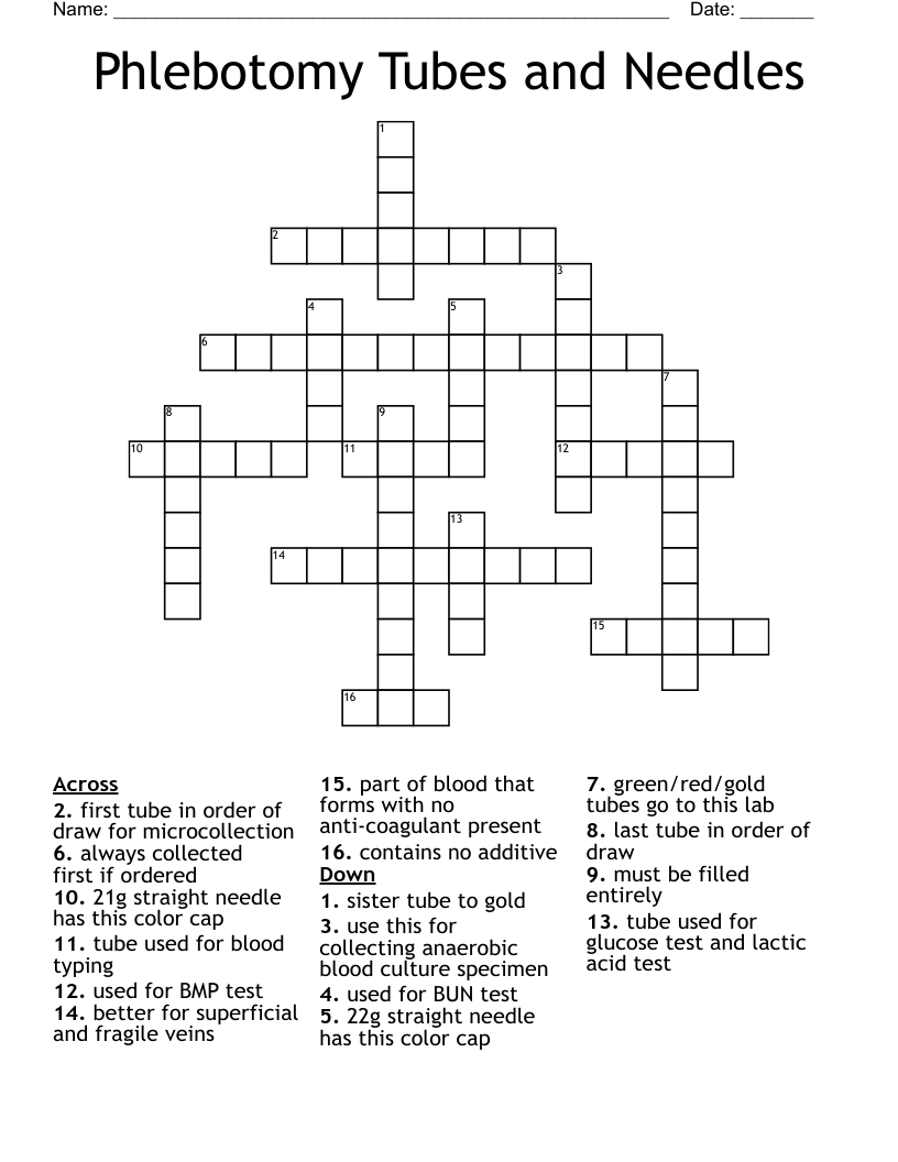 Phlebotomy Tubes And Needles Crossword WordMint