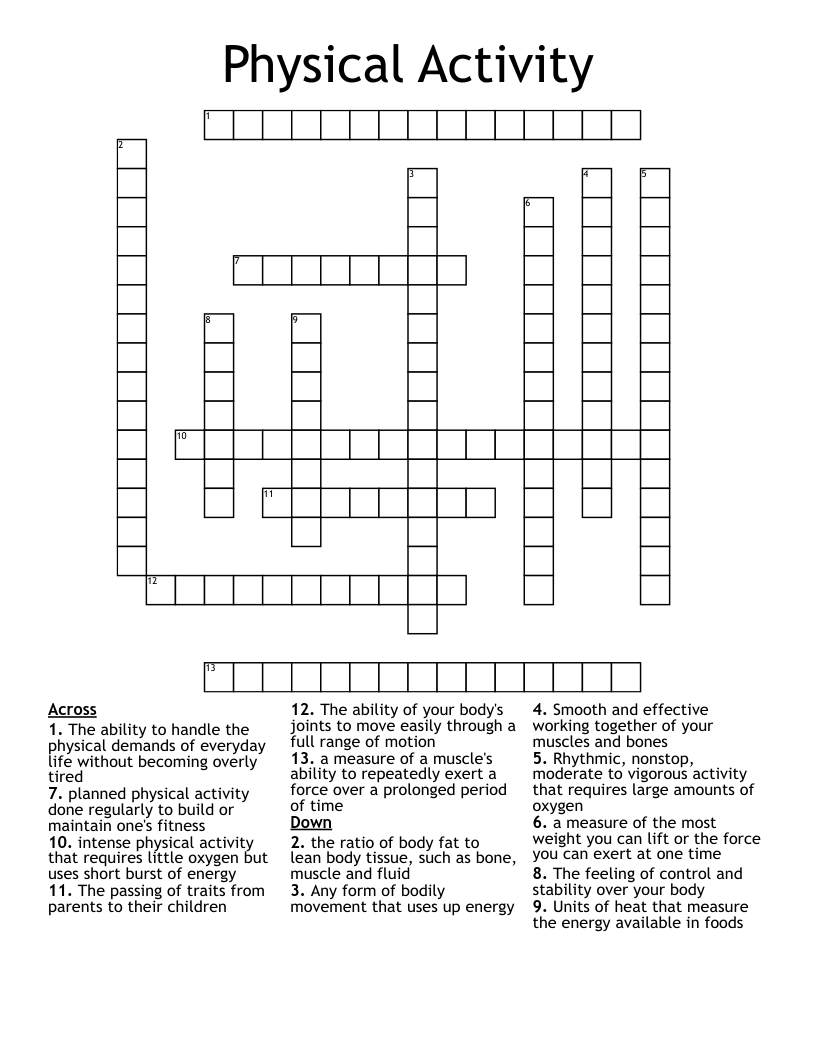 Physical Activity Crossword WordMint