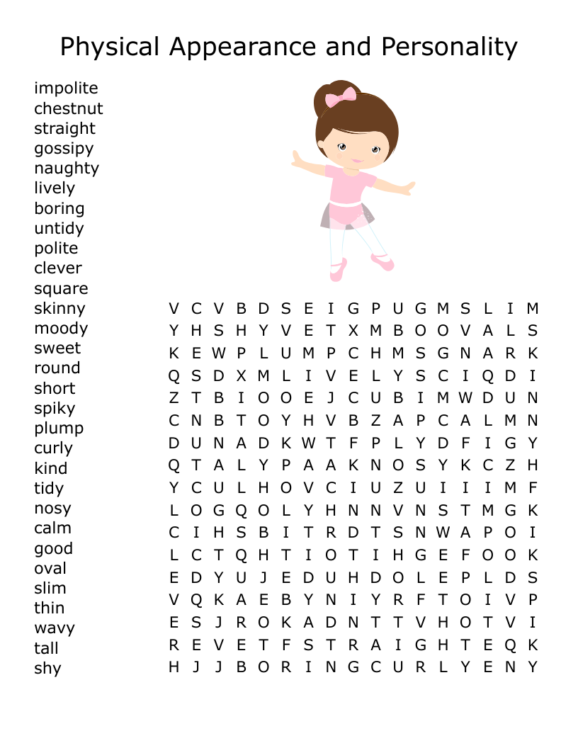Physical Appearance And Personality Word Search WordMint