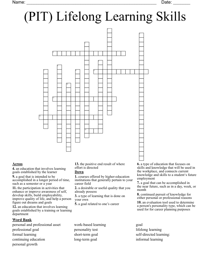 PIT Lifelong Learning Skills Crossword WordMint