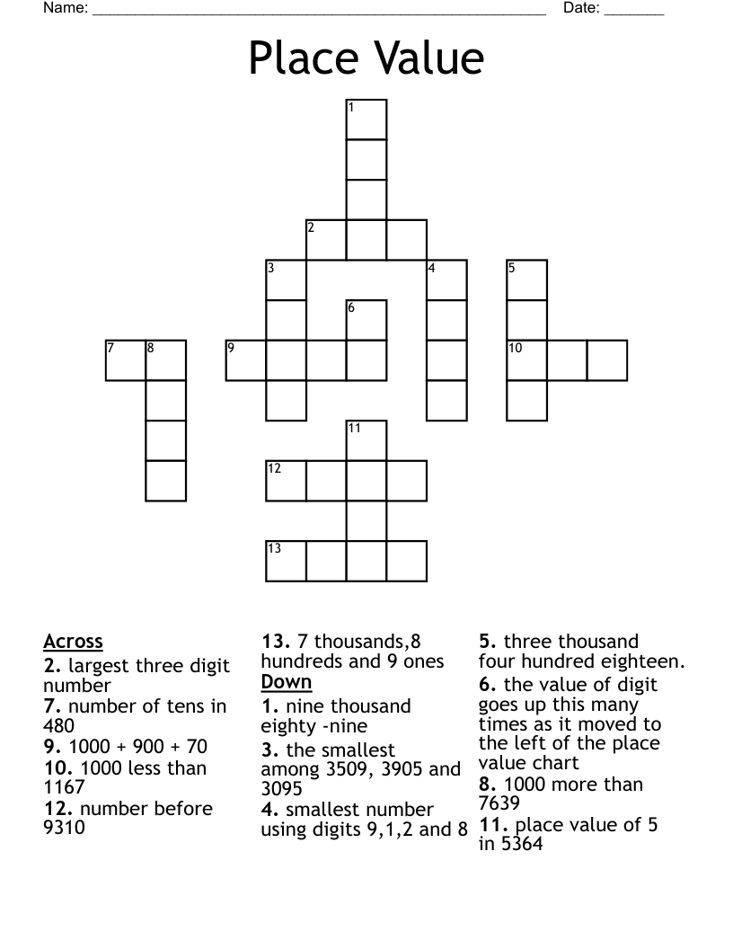 Place Value Crossword WordMint