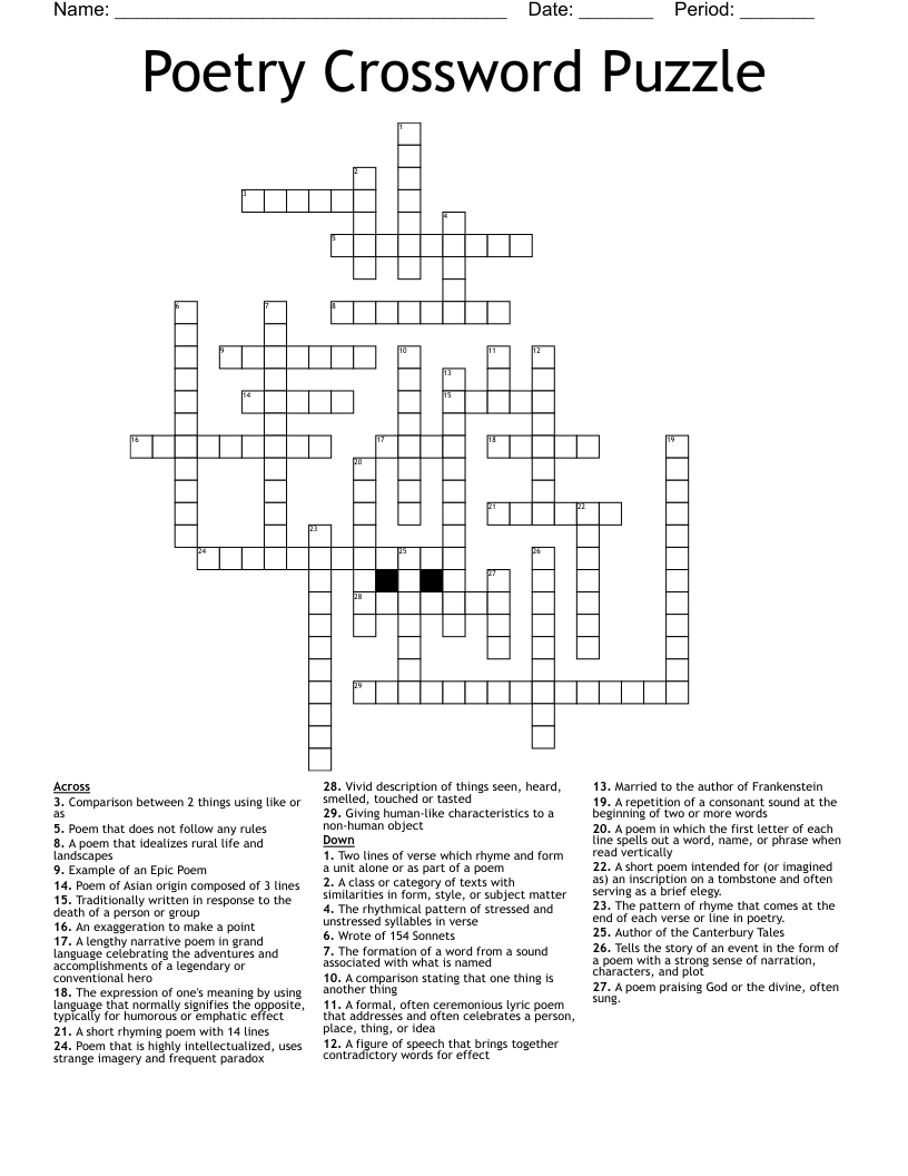 Poetry Crossword Puzzle WordMint Poetry Crossword Puzzle WordMint