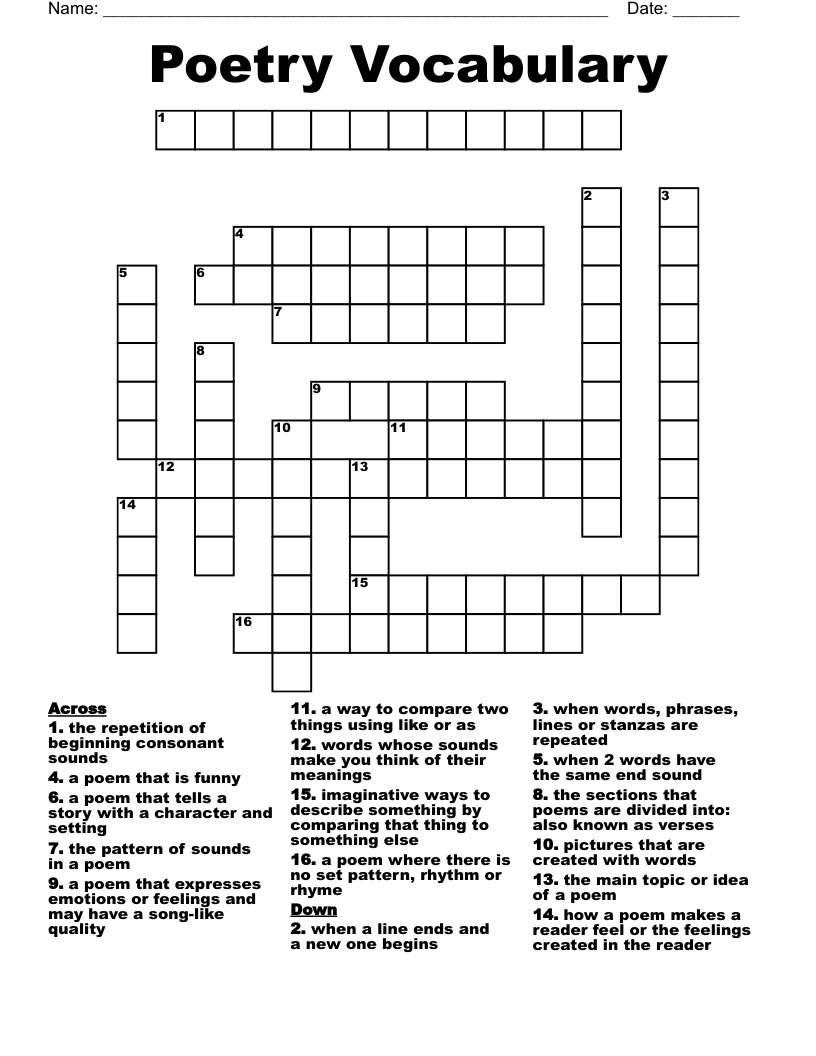 Poetry Vocabulary Crossword WordMint Poetry Vocabulary Crossword WordMint