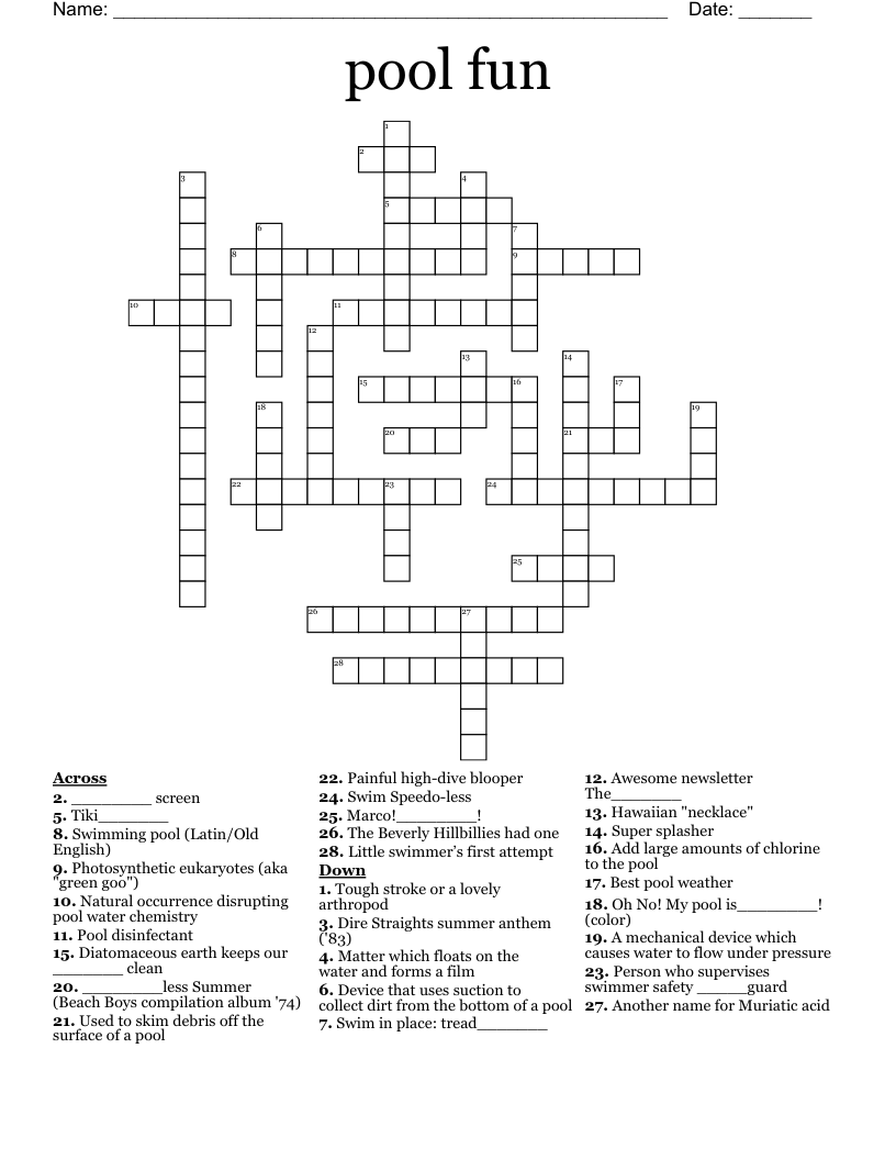Pool Fun Crossword WordMint