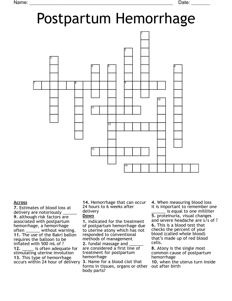 Postpartum Hemorrhage Crossword WordMint
