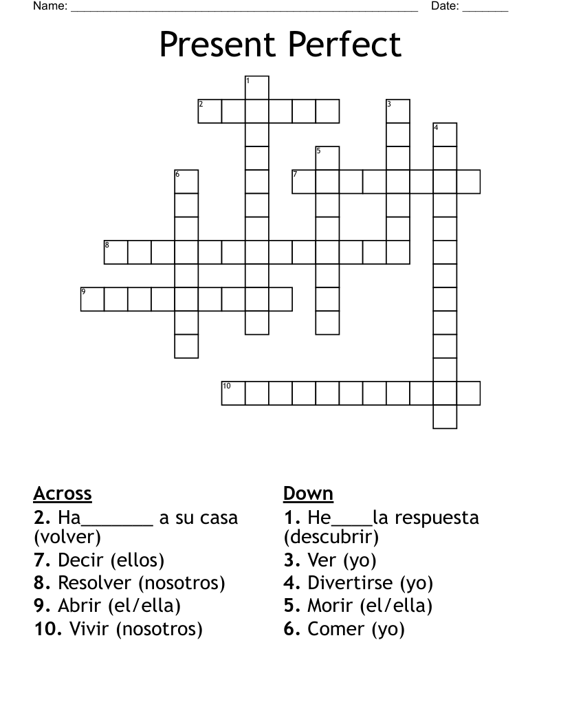 Present Perfect Crossword WordMint