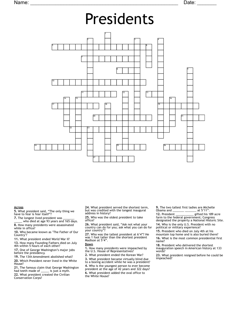 Presidents Crossword WordMint