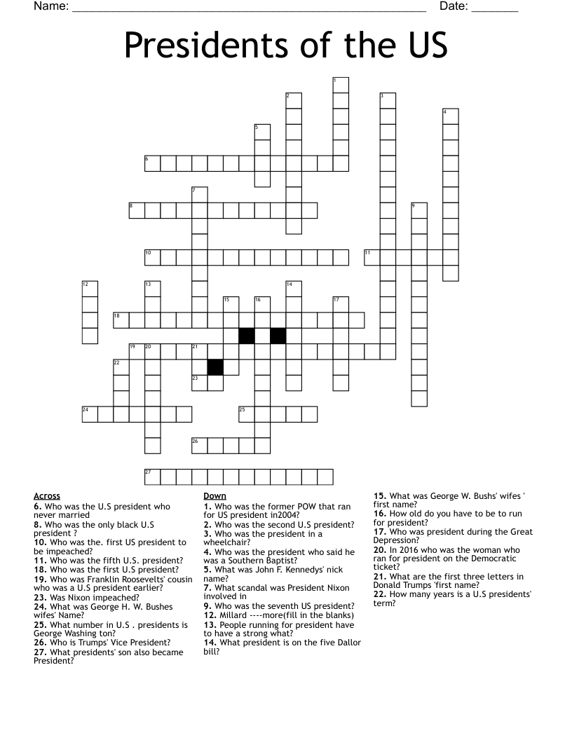 Presidents Of The US Crossword WordMint