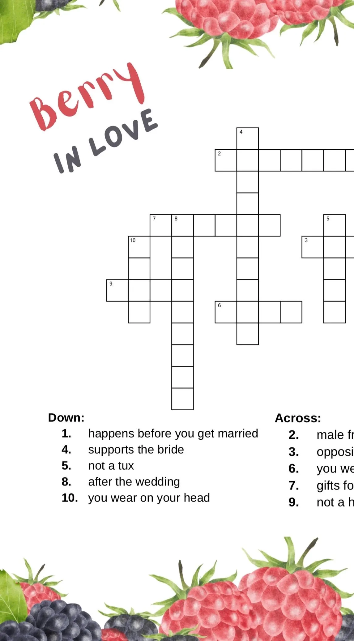 Printable Bridal Shower Crossword Puzzle Berry In Love Etsy