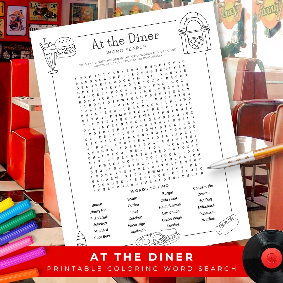 Printable Diner Word Search Retro Coloring Page 1950s Diner Theme Activity Sock Hop Party Game Self Care Printable For Adults And Teens Etsy