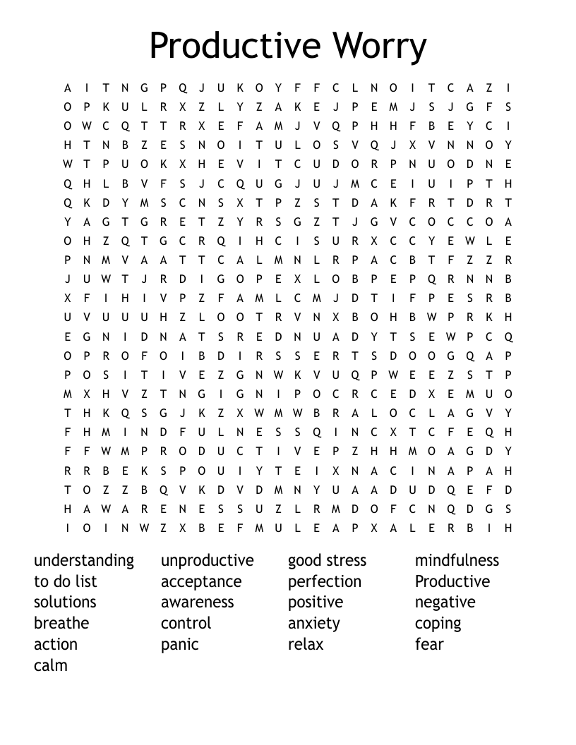 Productive Worry Word Search WordMint