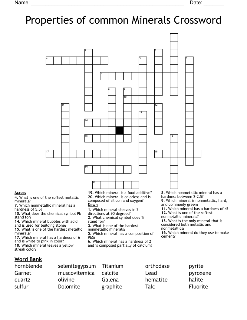 Properties Of Common Minerals Crossword WordMint