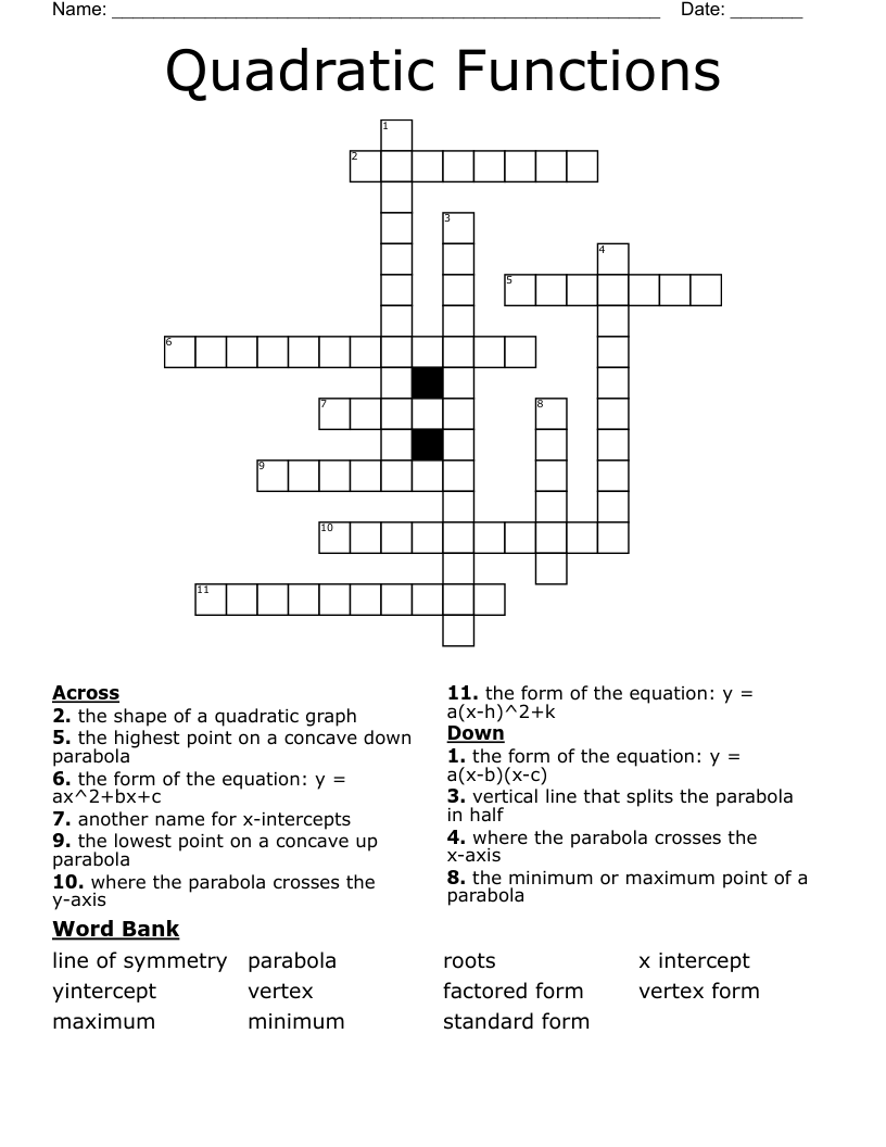 Quadratic Functions Crossword WordMint