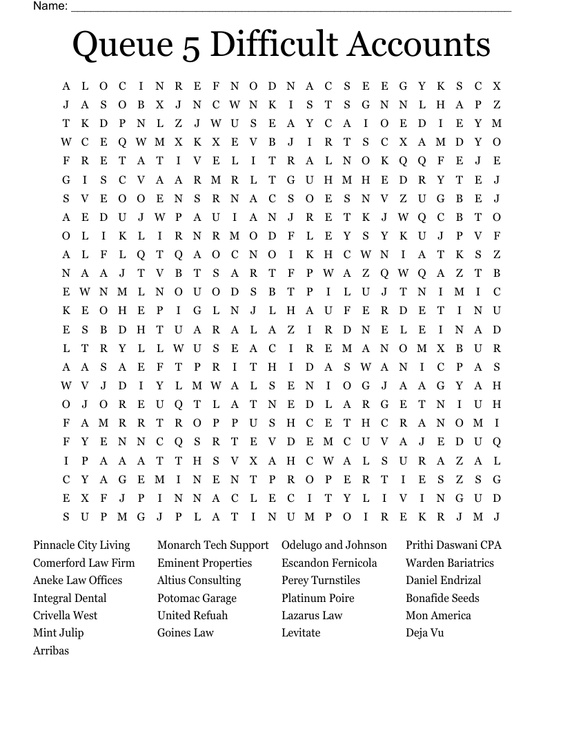Queue 5 Difficult Accounts Word Search WordMint Queue 5 Difficult Accounts Word Search WordMint