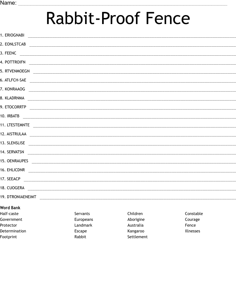 Rabbit Proof Fence Word Scramble WordMint Rabbit Proof Fence Word Scramble WordMint