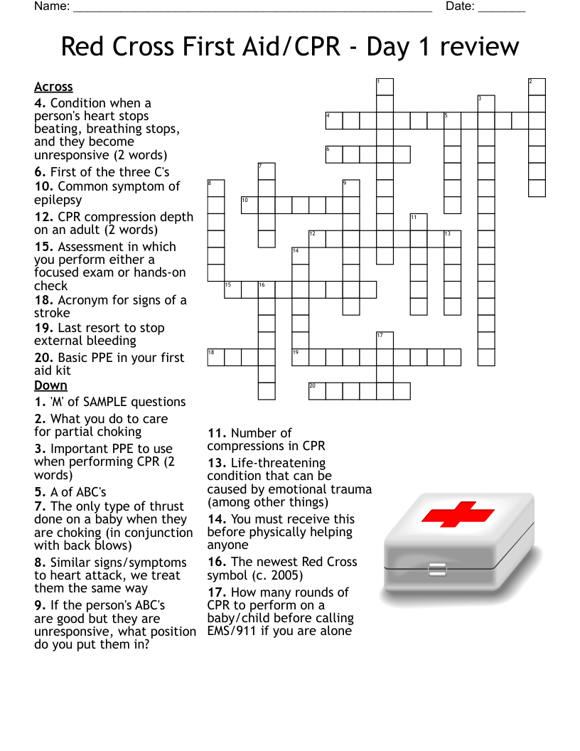 Red Cross First Aid CPR Day 1 Review Crossword WordMint