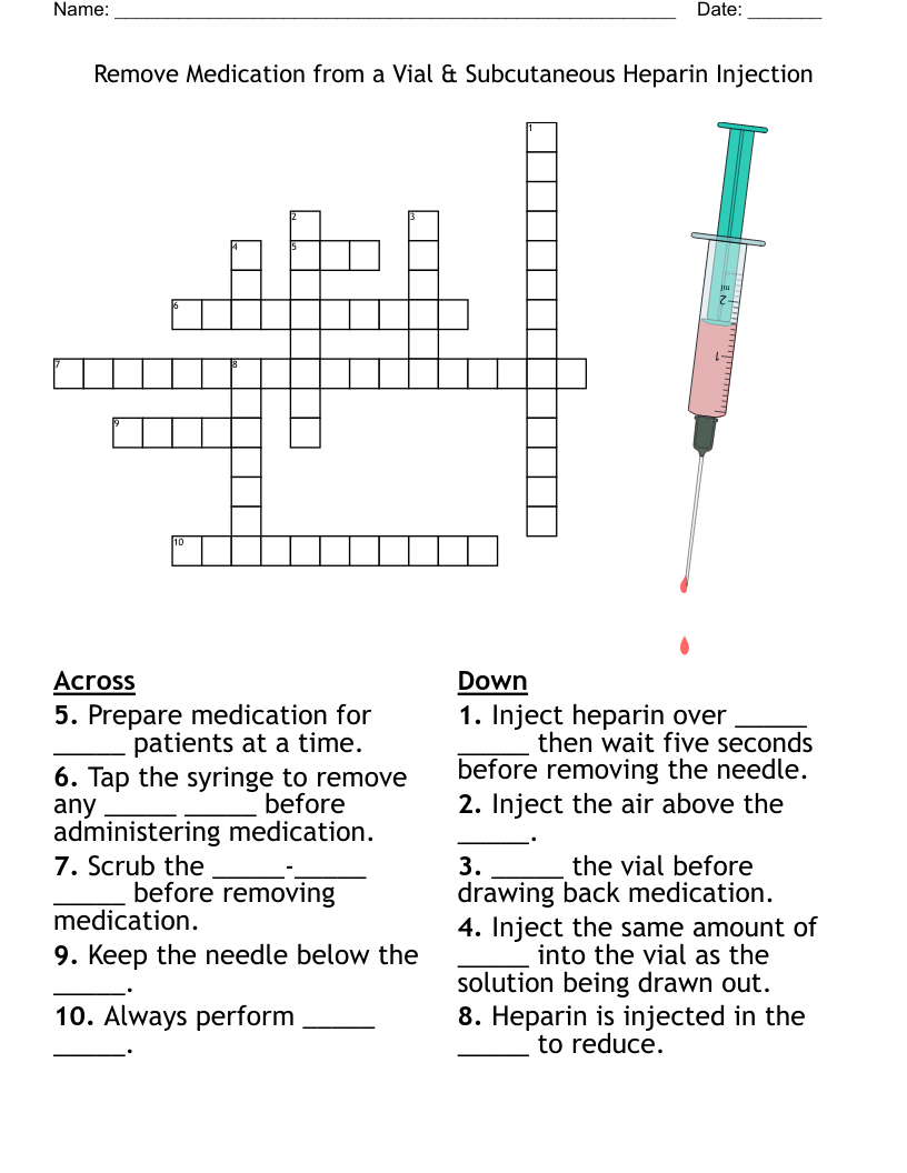Remove Medication From A Vial Subcutaneous Heparin Injection Crossword WordMint