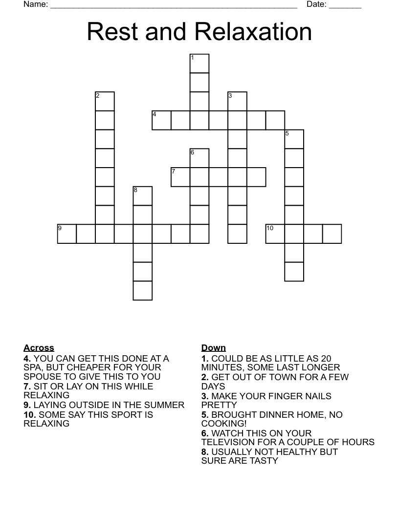 Rest And Relaxation Crossword WordMint Rest And Relaxation Crossword WordMint