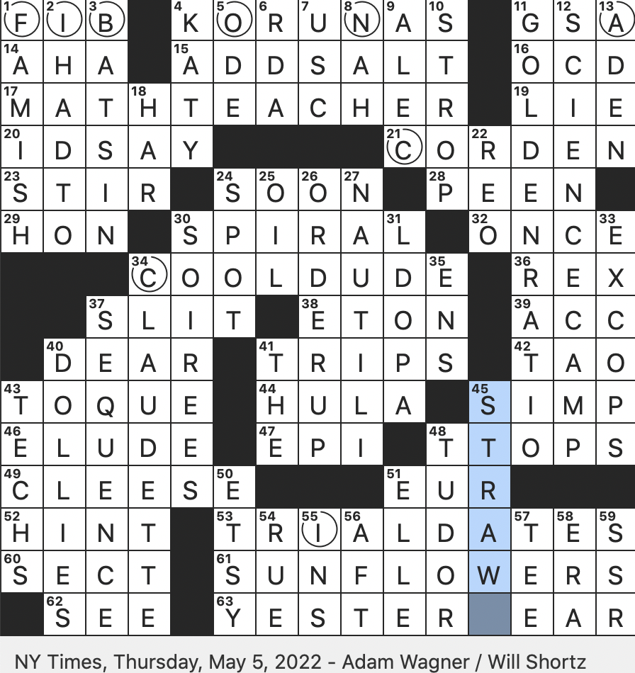 Rex Parker Does The NYT Crossword Puzzle Diner Cry After A Bell Is Rung THU 5 5 22 Student led LGBTQ Grp Terence Noted Expert On Combinatorics And Analytic Number Theory 