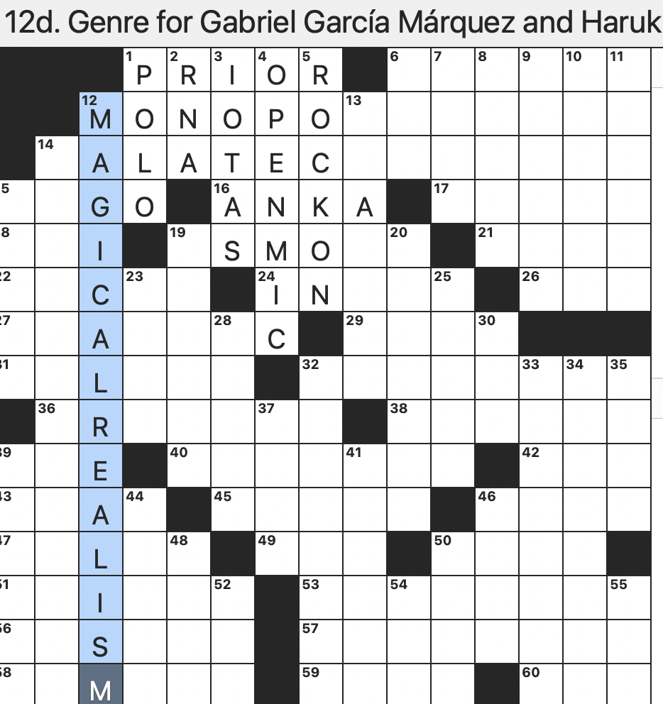 Rex Parker Does The NYT Crossword Puzzle Genre For Gabriel Garc a M rquez And Haruki Murakami FRI 6 23 23 Game Played On Yaks In Mongolia And Pakistan Target Of A Biometric