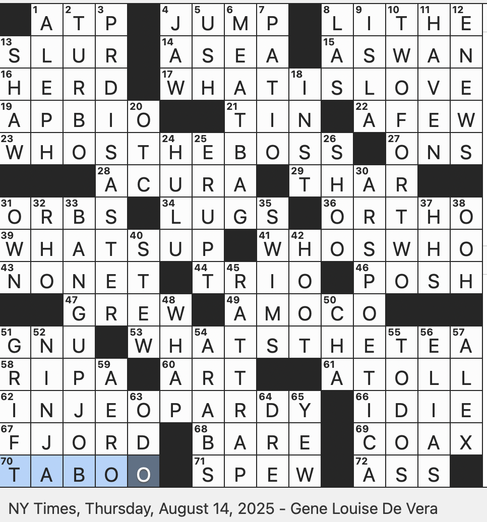 Rex Parker Does The NYT Crossword Puzzle Horatian Work Of Ca 18 B C THU 8 14 25 Molecule That Stores Energy In The Body In Brief Larrup Result Of A Scandal Going Viral In Brief Let s Go With Nickname s The Same For 400 Bruce Springsteen