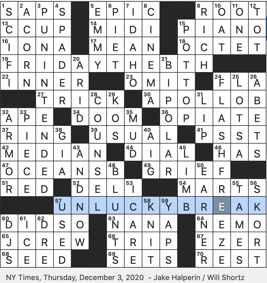 Rex Parker Does The NYT Crossword Puzzle Memorable Launch Of April 11 1970 THU 12 3 20 College Named After A Scottish Island 2007 Heist Film Sequel Parenthetical Comment After An Ambiguous Witticism Rex Parker Does The NYT Crossword Puzzle Memorable Launch Of April 11 1970 THU 12 3 20 College Named After A Scottish Island 2007 Heist Film Sequel Parenthetical Comment After An Ambiguous Witticism