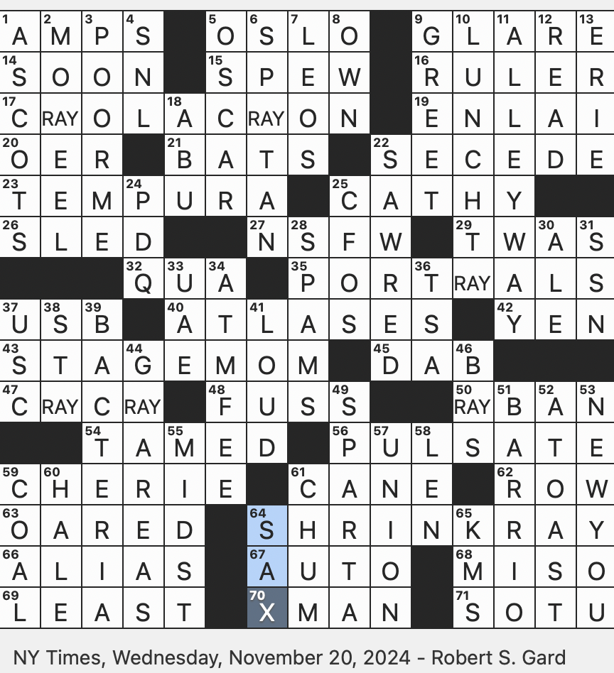 Rex Parker Does The NYT Crossword Puzzle Reef Predator With Extendable Pharyngeal Jaws WED 11 20 24 Dapper Sartorial Choices Coloring Implement Since 1903 Makeshift Shield During A Food Fight 