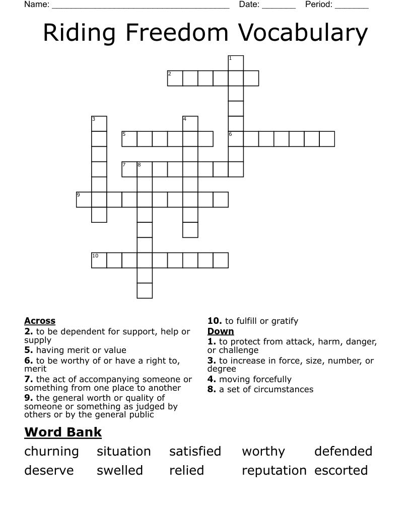 Riding Freedom Vocabulary Crossword WordMint