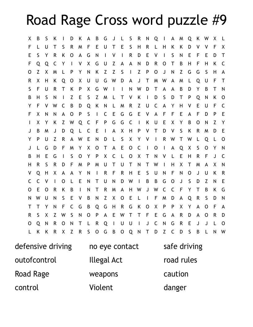 Road Rage Cross Word Puzzle 9 Word Search WordMint