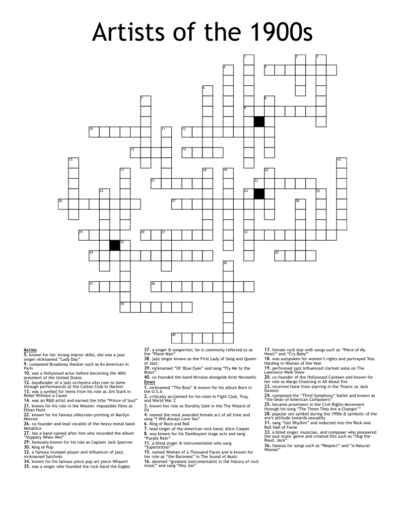 Rock STAR Quiz Crossword WordMint