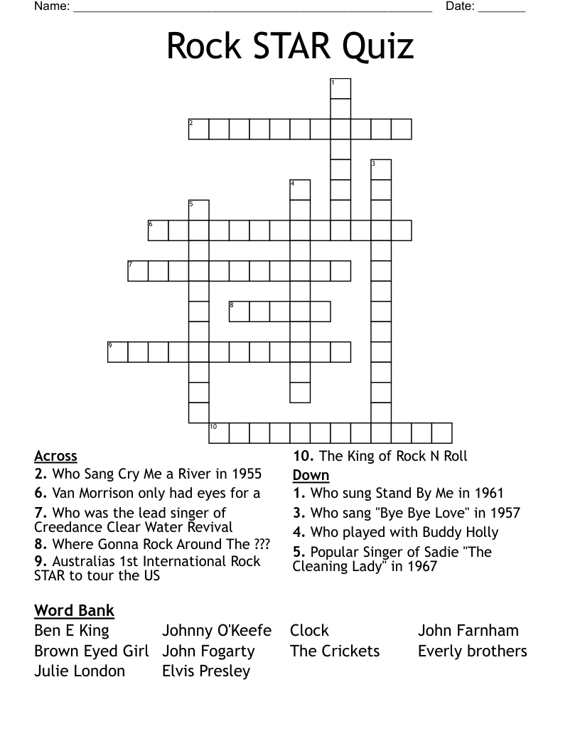 Rock STAR Quiz Crossword WordMint