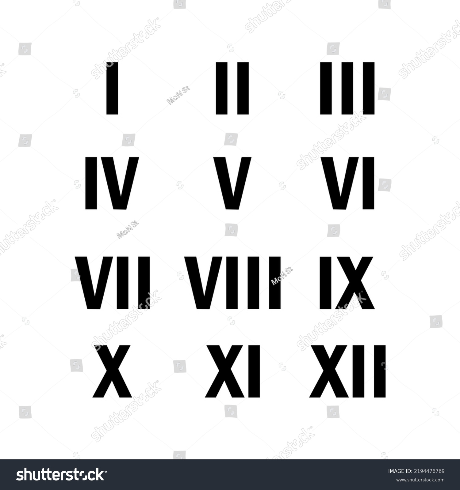 Roman Numerals One Twelve Latin Numbers Stock Vector Royalty Free 2194476769 Shutterstock