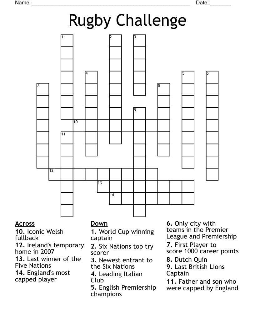 Rugby Challenge Crossword WordMint Rugby Challenge Crossword WordMint