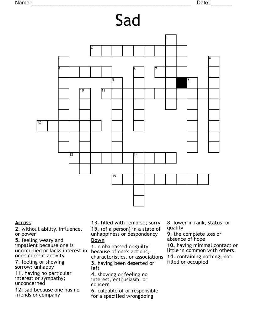 Sad Crossword WordMint Sad Crossword WordMint