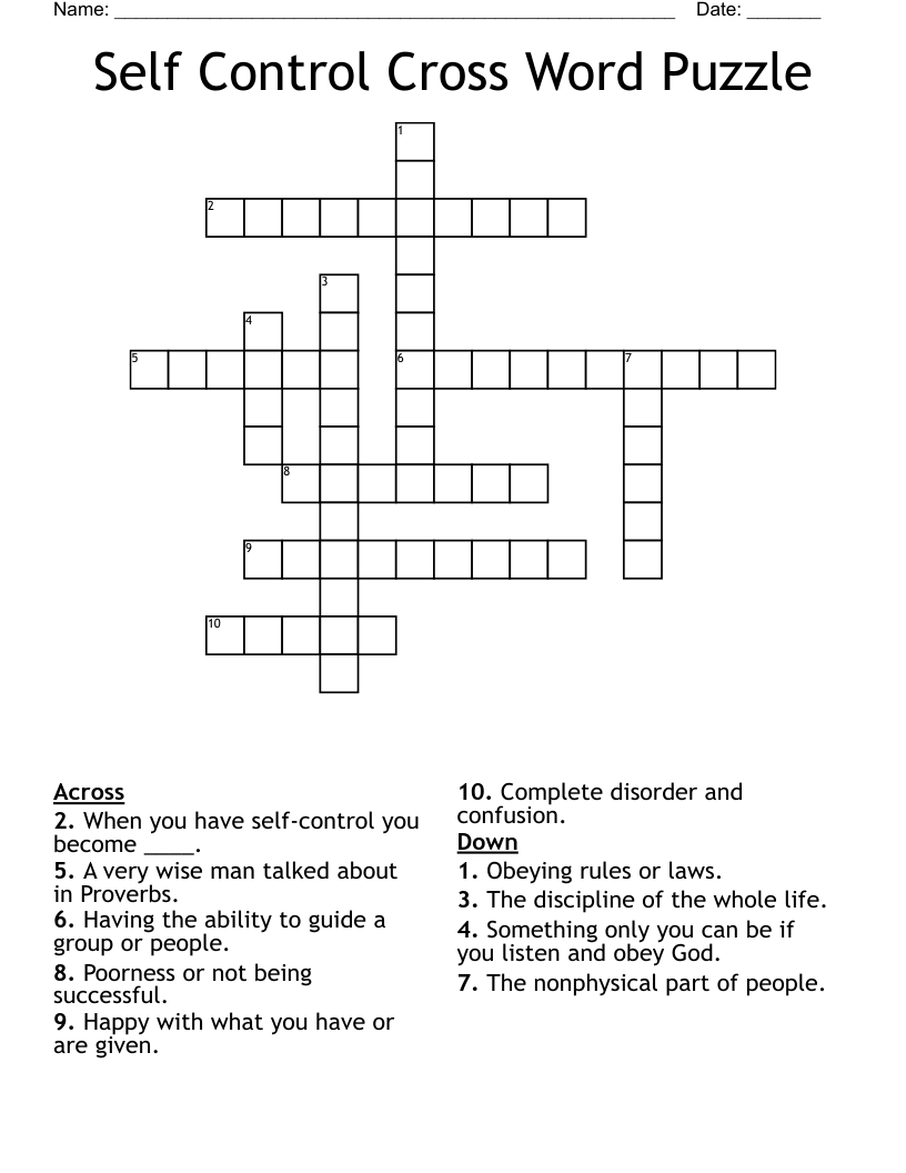 Self Control Cross Word Puzzle WordMint Self Control Cross Word Puzzle WordMint