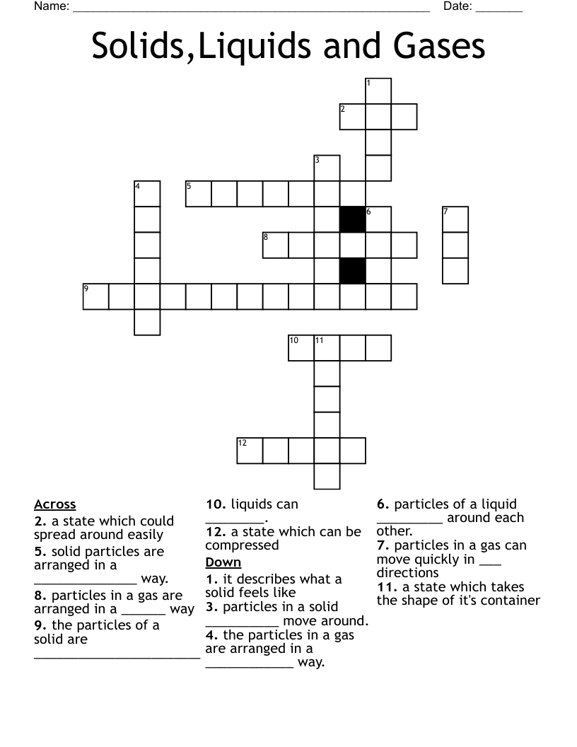 Solids Liquids And Gases Crossword WordMint