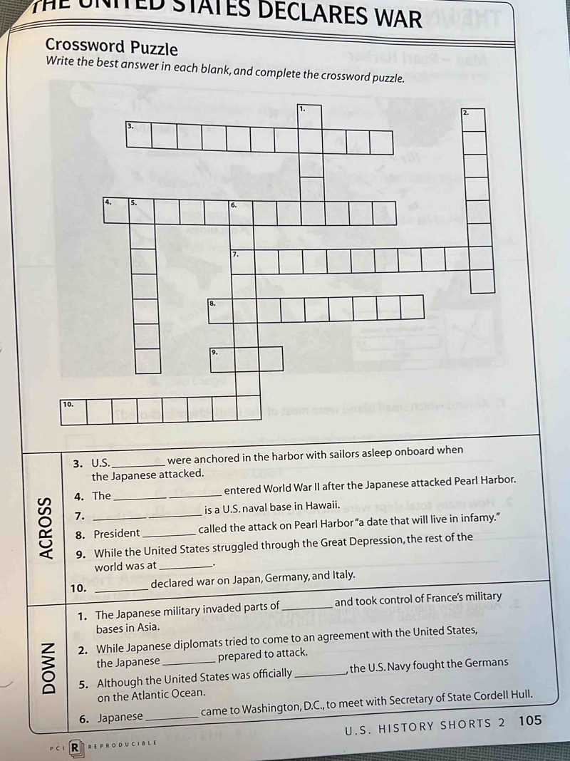 Solved HE UNITED STATES DECLARES WAR Crossword Puzzle Write The Best Answer In Each Blank And Others 