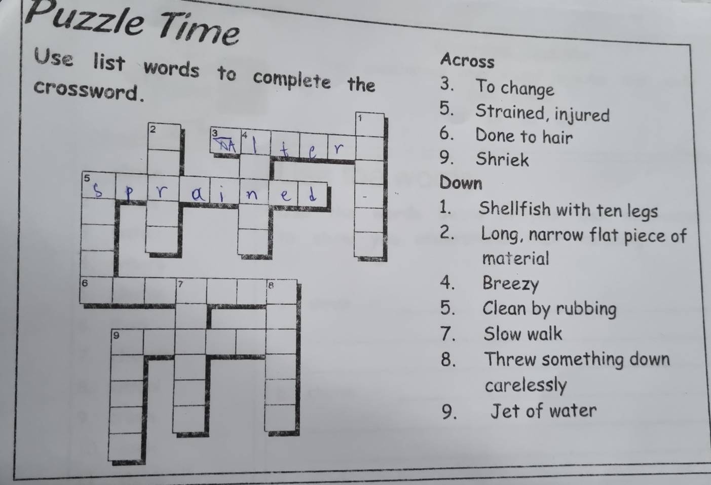 Solved Puzzle Time Across Use List Words To Complete The 3 To Change Crossword 5 Strained Others 