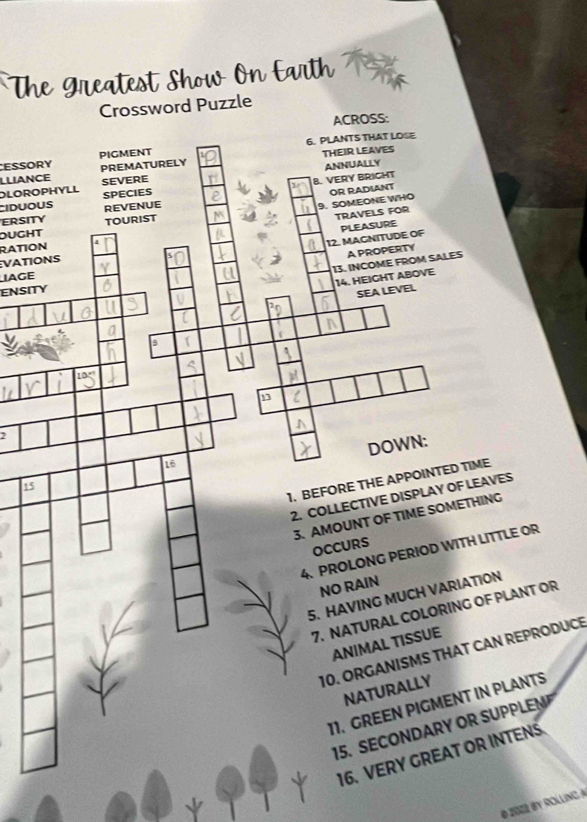 Solved The Greatest Show On Earth Crossword Puzzle ACROSS 6 PLANTS THAT LOSE ESSORY PIGMENT Others Solved The Greatest Show On Earth Crossword Puzzle ACROSS 6 PLANTS THAT LOSE ESSORY PIGMENT Others